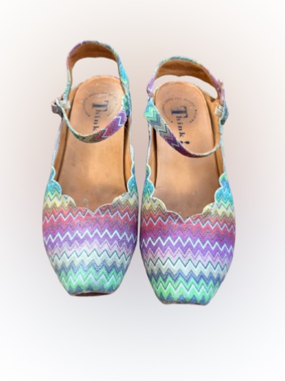 Think! Multicolor Zigzag Slingback Wedge Sandals Scalloped Edge EU 41 US 10